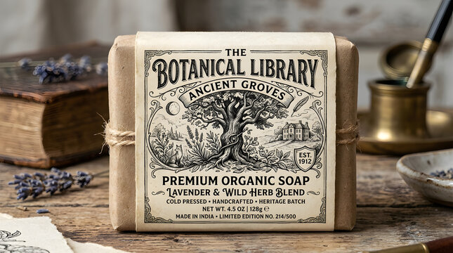 Organic soap packaging on wooden table