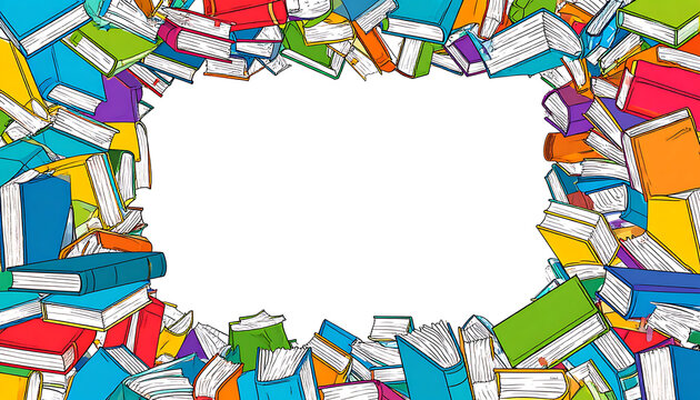 Colorful abstract frame of scattered book pages and covers, vibrant, energetic, creative, chaotic, educational theme, playful border with copy space