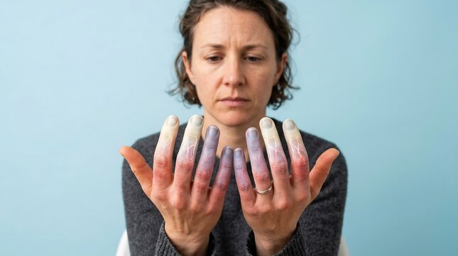 Patient holds her hands up to reveal discolored fingertips illustrating Raynaud syndrome symptoms where blood flow restriction causes white and blue skin changes during a cold exposure medical exam.