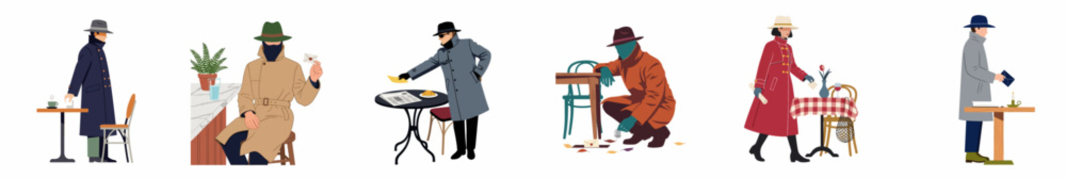 Minimalist flat illustration set of secret agents and detectives in trench coats and fedoras engaged in mysterious undercover missions and espionage.
