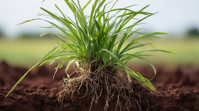 vetiver. Clump of vetiver grass roots growing tightly from reddish-brown soil. gardening catalogs, home-decor guides, designed for home decor and floral branding, used by bi analysts.