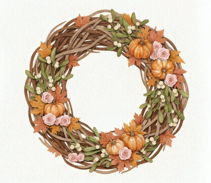 Autumn Pumpkin Wreath with Rustic Leaves and Floral Accents Illustration