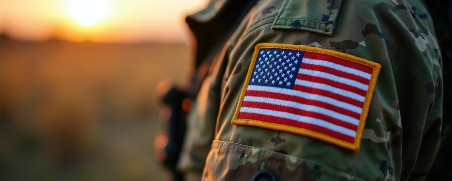 Soldier wears camouflage uniform with American flag patch on shoulder. Evening sun sets behind blurred background. Represents patriotism and military service.