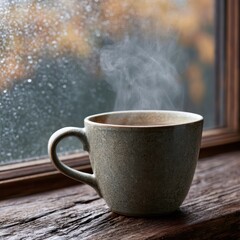 Fototapeta premium Coffee cup steaming on rustic wooden windowsill beside rain covered autumn window, muted earthy tones, cozy mood
