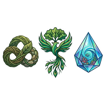 Eco Magic Symbols With Infinity Leaf, Green Phoenix And Ocean Crystal