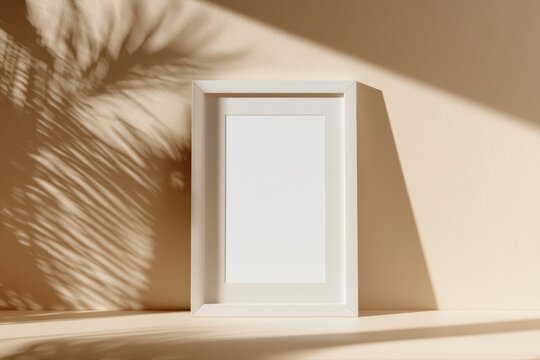 Blank white frame mockup on warm beige wall with natural sunlight and organic leaf shadow patterns, clean minimal composition