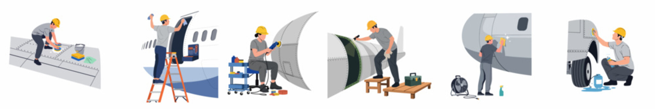 Flat vector illustration set of aircraft maintenance technicians cleaning, polishing, and inspecting an airplane fuselage and wing in a hangar.