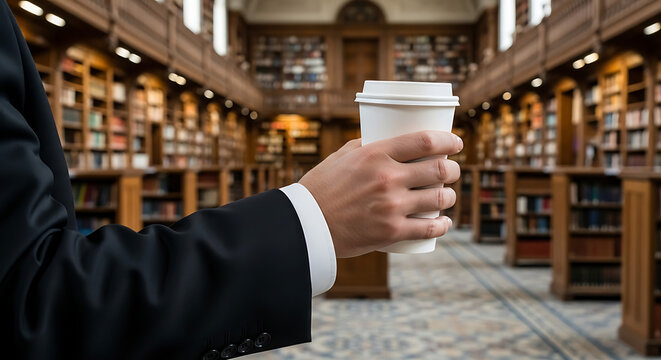 Close-up of a businessman holding a coffee cup in a library with bookshelf businessman takeaway beverage professional caffeine education learning knowledge research corporate lifestyle