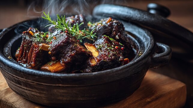 A steaming hot dish of braised short ribs in a cast iron pot on a wooden board
