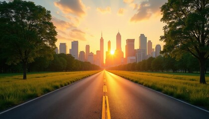 Obraz premium Asphalt road leads to modern cityscape at sunset. Tall buildings and skyscrapers form city skyline. Green grass and trees flank roadway. Sun shines bright during golden hour.