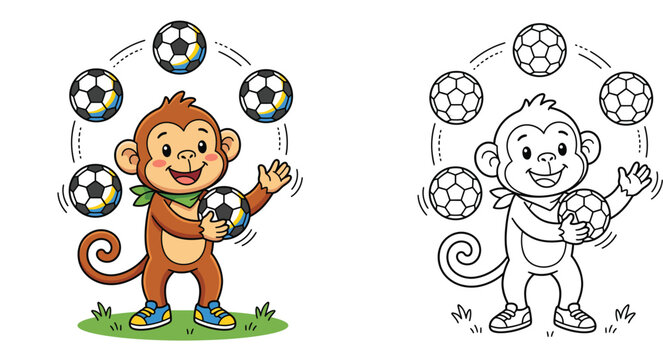 Cute Cartoon Monkey Juggling Soccer Balls Playfully