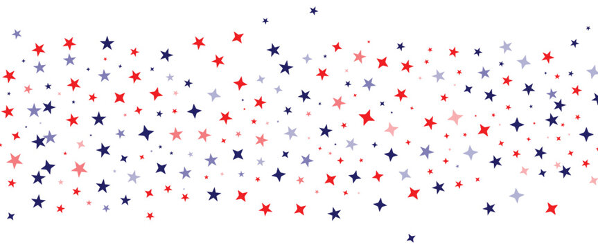 Red and blue star confetti decoration border on transparent background for 4th of july border, new year celebrations, independence day, labor day, greeting cards, party invitations and vector design