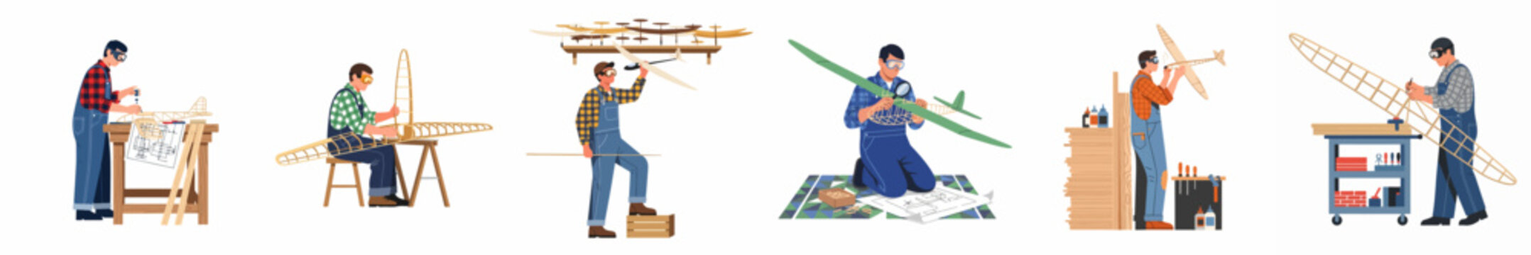 Illustrations of men building model airplanes, from constructing balsa wood frames to studying blueprints and painting wings in their hobbyist workshops.