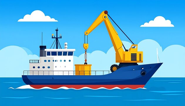 Colorful Cargo Ship Carrying Crane Equipment on Calm Blue Ocean