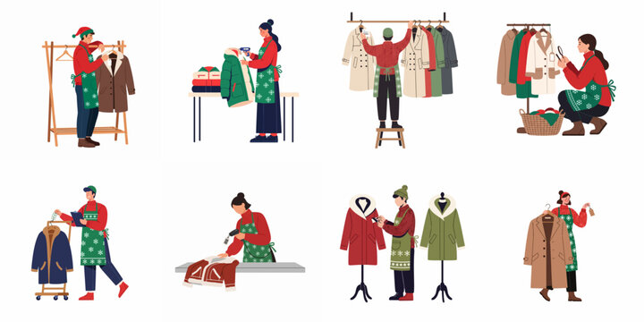 Set of retail shop assistants in festive aprons organizing and tagging winter coats and outerwear for seasonal holiday sales.