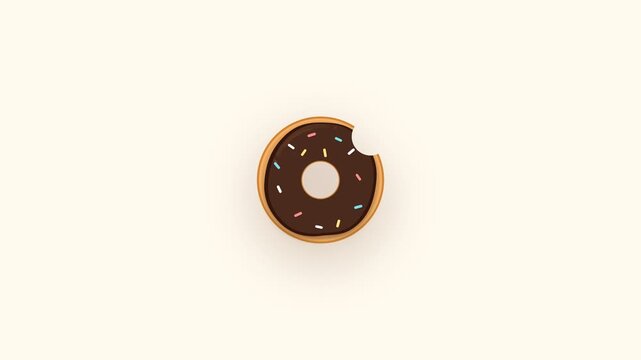 Animated flat vector donut with stop motion bite marks and colorful sprinkles seamless loop, motion graphics isolated on cream background