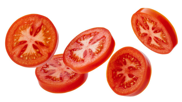Fresh red tomato slices with visible seeds and pulp, isolated on transparent background