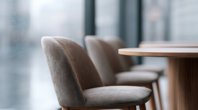 Modern cafe interior with cozy chairs and rainy city reflections outside large windows, peaceful ambiance, realistic photography