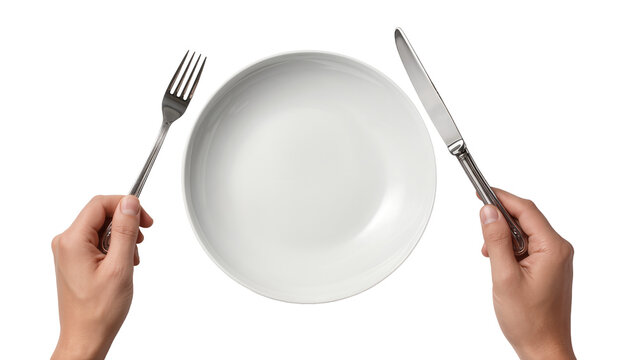 Hands holding fork and knife near empty white plate, isolated on transparent background