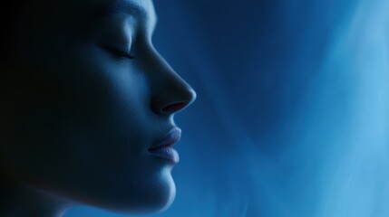 Obraz premium Calm face illuminated by subtle blue ambient glow with flowing holographic smoke on dark background, elegant minimal composition