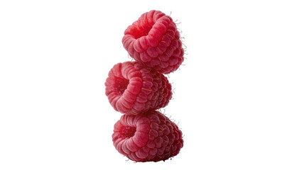 Three ripe red raspberries stacked vertically, isolated on transparent background © Luca
