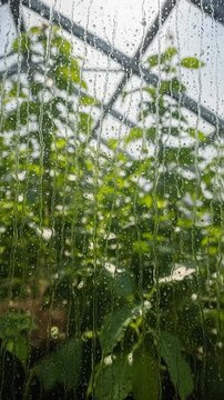 Tomatoes are growing inside a greenhouse on a sunny day with lush green leaves