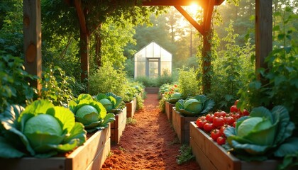 Fototapeta premium Sunrise illuminates raised garden beds with cabbage and tomatoes. Greenhouse and rich plants surround the cultivated plot. Peaceful backyard farming scene.