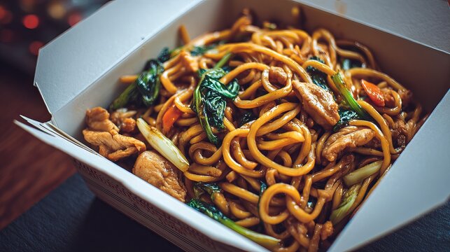 A takeout box filled with delicious noodles and vegetables, ready to eat.