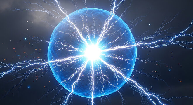 Conceptual blue electric energy discharge sphere with crackling lightning electricity lightning electric discharge abstract technology