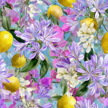 Watercolor Agapanthus in the Mediterranean summer. Colorful seamless pattern with hand-drawn lemons, purple and white flowers, and green leaves on a blue background.