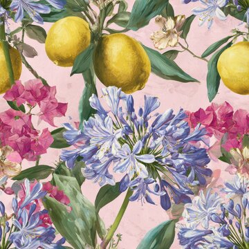 Watercolor Agapanthus in the Mediterranean summer. Vintage-style floral pattern featuring lemons, purple and pink flowers with green leaves on a soft pink background.