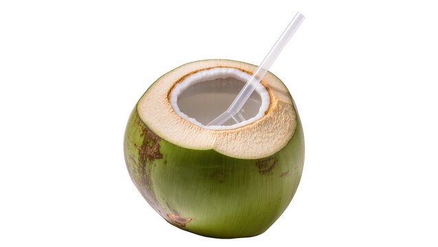 Fresh green coconut with white straw, isolated on transparent background