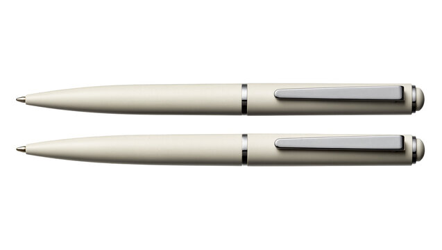 Two cream-colored ballpoint pens with silver clips, isolated on transparent background