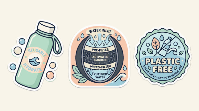 Three vector eco-friendly stickers: a reusable water bottle with 'Reusable Hydrate' text, a water filter diagram showing purification layers, and a 'Plastic Free' badge promoting sustainability and