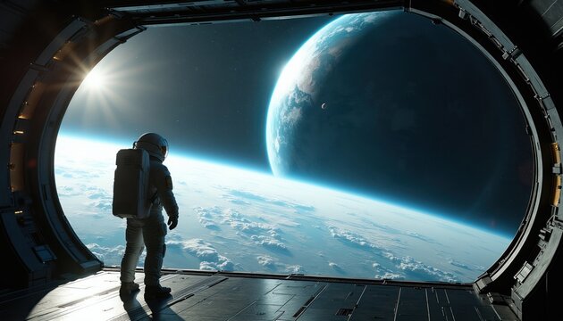 Astronaut stands on spaceship deck looking at Earth from orbit. Sun shines brightly on planet surface with clouds below. Vast dark space with stars and galaxies surrounds spacecraft.