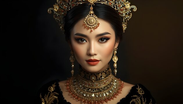 Traditional Acehnese bride portrait with luxurious gold jewelry and ornate accessories