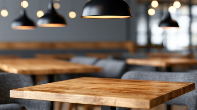 Cozy cafe interior with warm lighting and wooden tables, inviting atmosphere for socializing or remote work, ample copy space, realistic photography