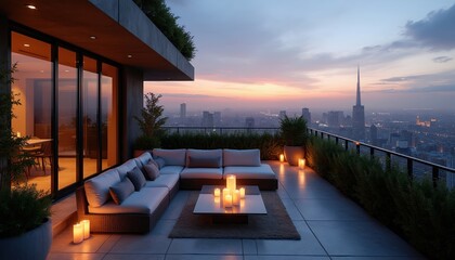 Obraz premium Modern apartment terrace at dusk. Comfortable sofa, candles, city skyline view. Interior design, luxury living, ambiance, relaxation space. Exterior.