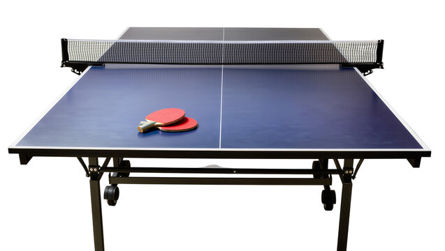 Two red ping pong paddles resting on a blue table tennis table with net, isolated on transparent background