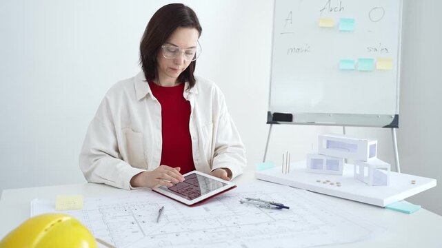 Architect working on new residential project using laptop, reviewing blueprints and drafting floor plans for modern building design with a 3d model on office desk