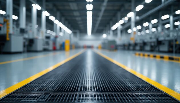 Clean factory floor with black anti fatigue mats and bright yellow safety lines for zones. Industrial space, organized pathway, secure work area with warning stripes.