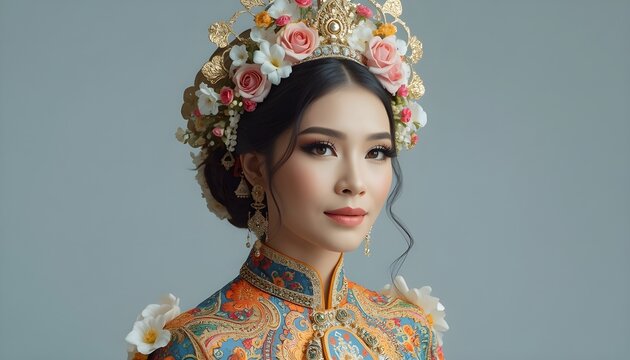 A beautiful Betawi bride adorned in colorful traditional wedding attire