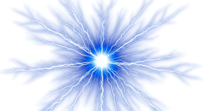 Radiant blue electrical lightning discharge starburst effect on white background with lightning electricity starburst discharge electric abstract background