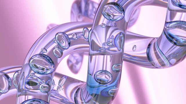 Liquid with bubbles flowing in a transparent DNA shaped spiral. 3d animation on light purple gradient blurred background
