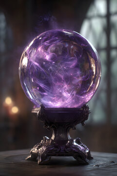 Mystical crystal ball with purple energy on vintage stand