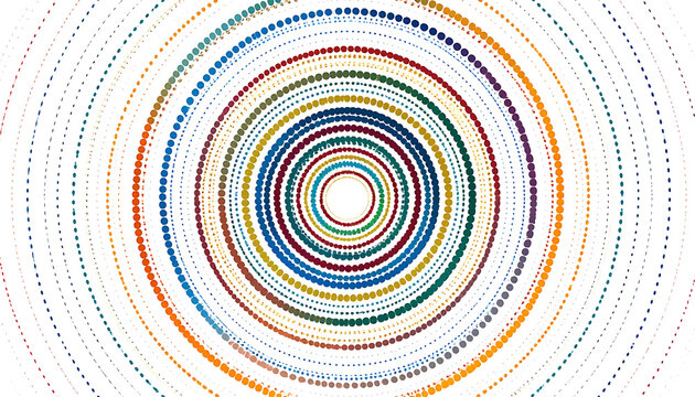 Concentric circles pattern made of colorful dots, digital art, abstract background, vibrant radial design