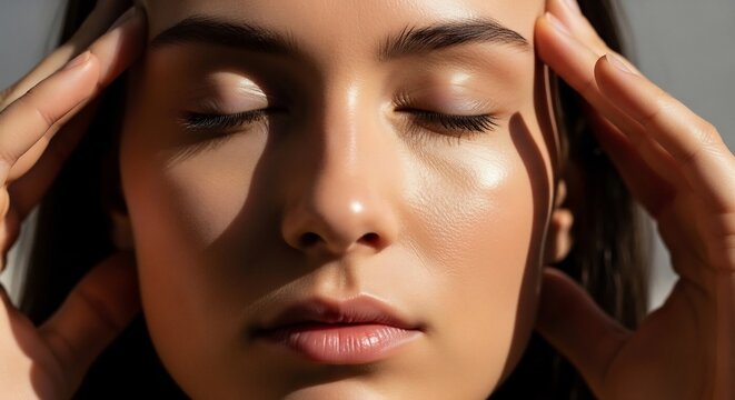 Close-up of a young woman with eyes closed and hands on her temples bathed in sunlight.