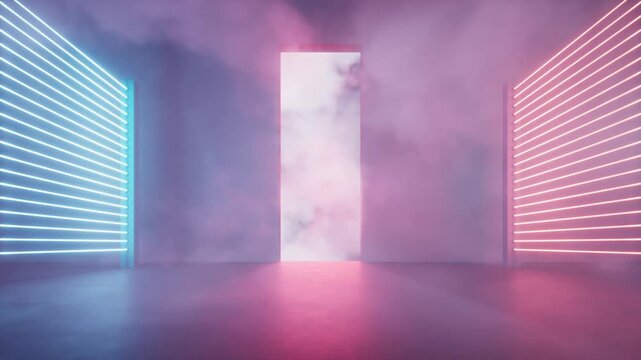 Futuristic neon gateway with glowing blue and pink led light walls and thick motion smoke clouds.