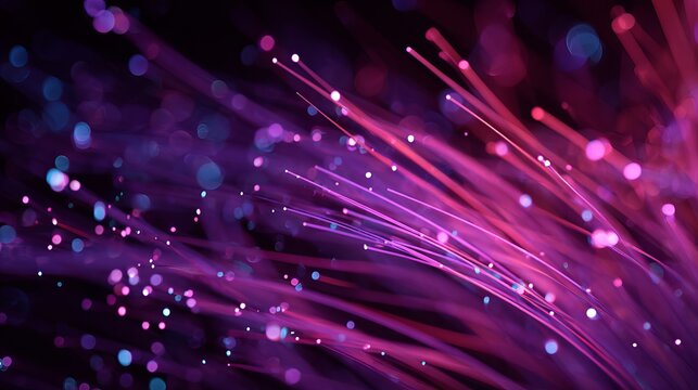A vibrant abstract image of pink and purple fiber optic cables with sparkling lights