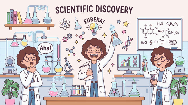 Cheerful female scientist making scientific discoveries in a laboratory, surrounded by lab equipment, chemical formulas, and scientific symbols in a cute vector style.